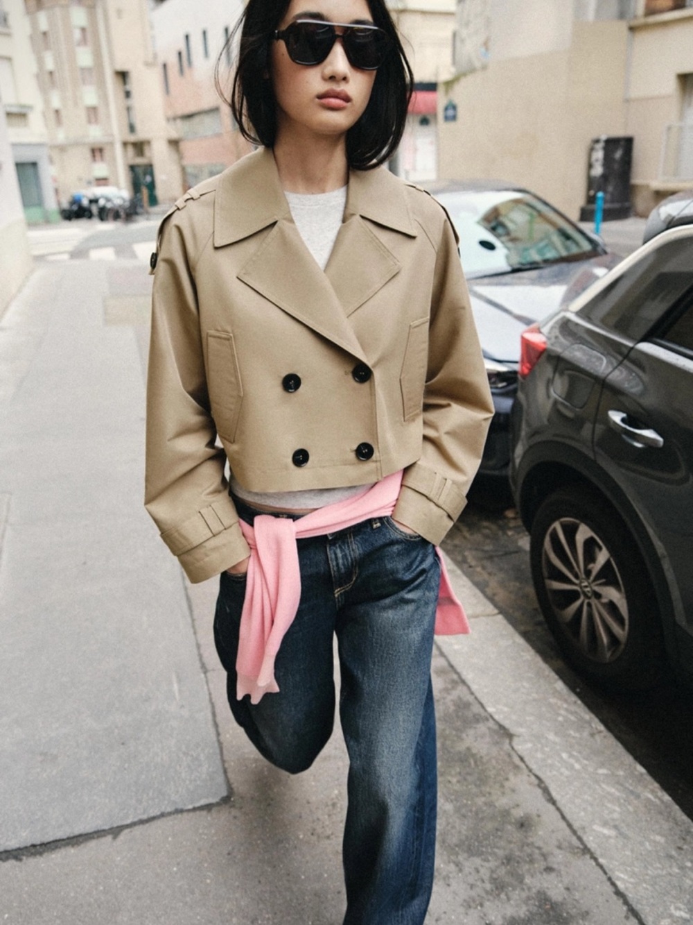 Zara Cropped Double-Breasted Trench Jacket - Beige with Black Buttons